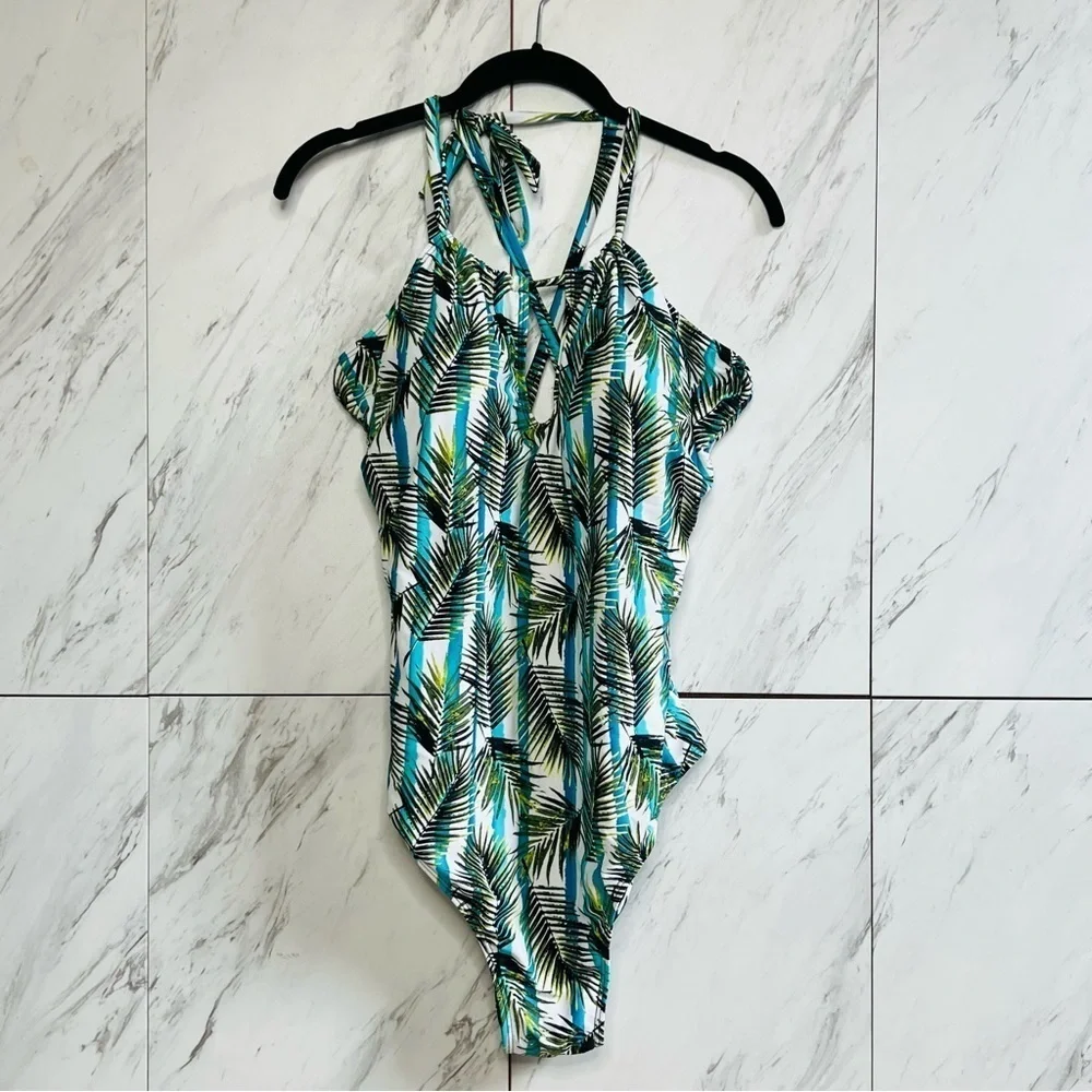 Nicole Miller Palm Tropical One Piece High Neck Swimsuit SZ 2X